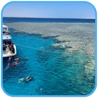 An aerial view of snorkelers in clear blue waters above a coral reef, with a boat nearby suggesting a snorkeling excursion.