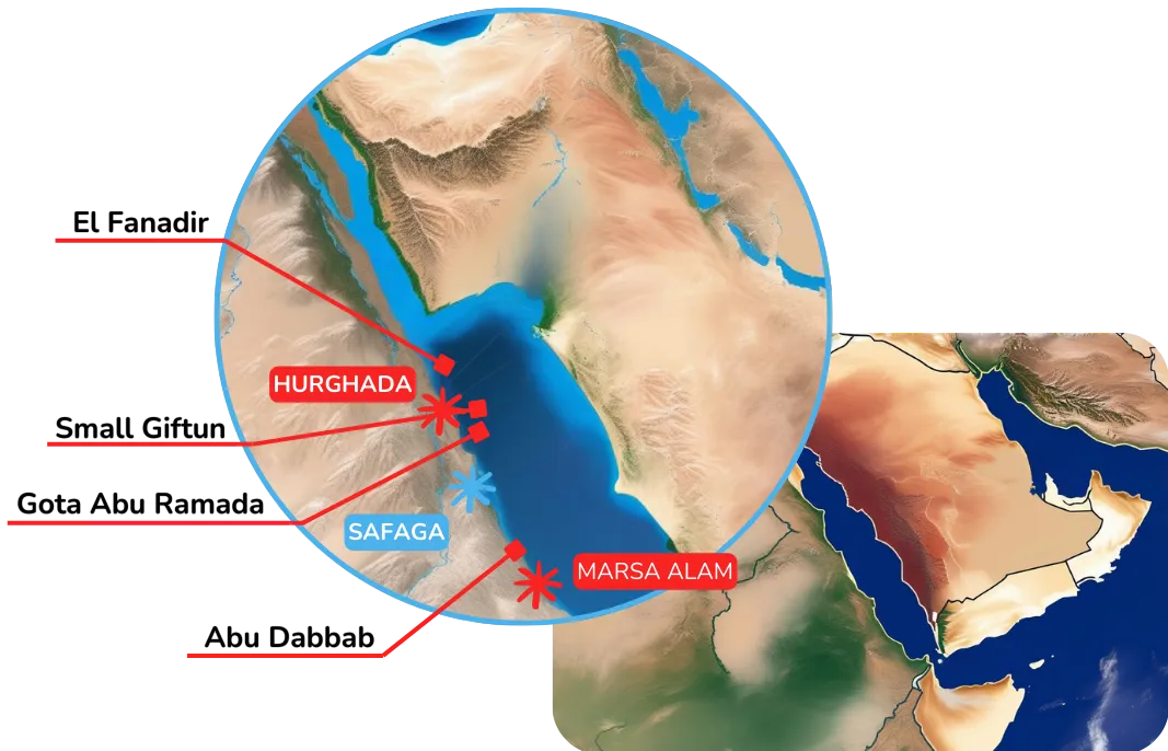 A stylized satellite map highlighting diving spots near Hurghada, Safaga, and Marsa Alam along the Egyptian Red Sea coast with labeled locations.