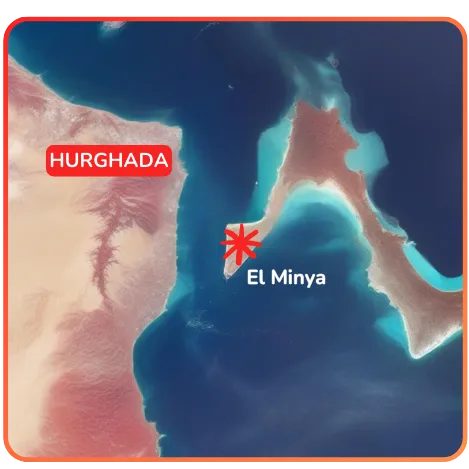 Satellite image marking the location of El Minya and Hurghada, with a star symbol indicating a specific point of interest in the Red Sea.