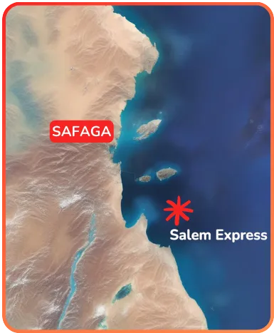 Map image showing the location of Safaga and the Salem Express, with clear blue waters indicating a popular diving site in the Red Sea.