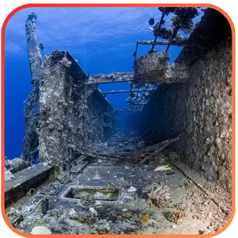 The interior structure of a sunken ship visible from a diver's perspective, revealing the eerie and fascinating underwater environment.