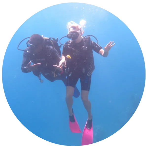 A diver in clear blue water gesturing 'OK' with a coral reef in the background.