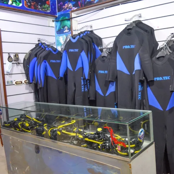 A dive shop display with wetsuits and scuba gear beneath.